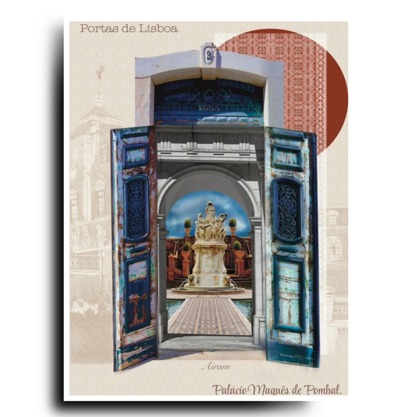 Original Illustrated Wall Decor, European Palace Poster Collage featuring Blue Wooden Door and White Tiles