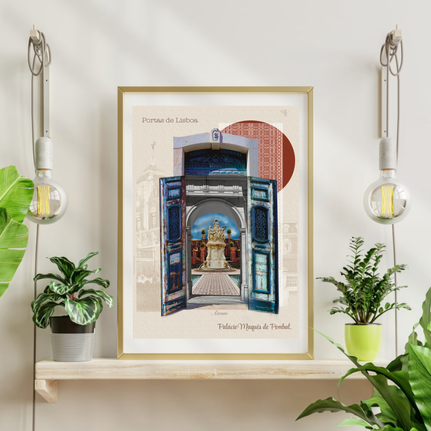 Original Illustrated Wall Decor, European Palace Poster Collage featuring Blue Wooden Door and White Tiles